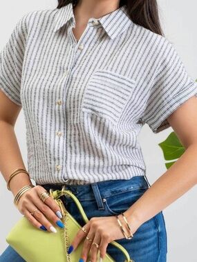 Grey Linen Blend Striped Button Front Top Short Sleeve Casual Blouse